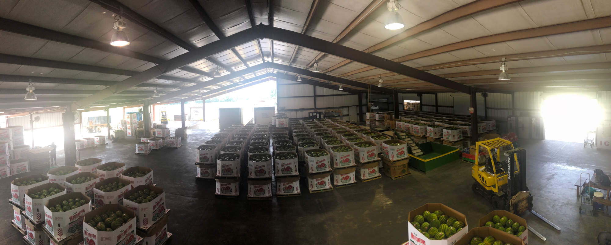 a warehouse full of watermelons for shipping